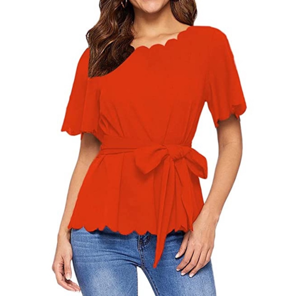 Women's Bow Tie Scalloped Short Sleeve Elegant Office Work Tunic Blouse